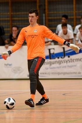 Goalkeeper florian Schock VfB Stuttgart was the best goal player of the tournament elected Germany Gaildorf indoor soccer tournament youth sports youth soccer Euro Cup 2018 on 14 01 2018 Sports Hall