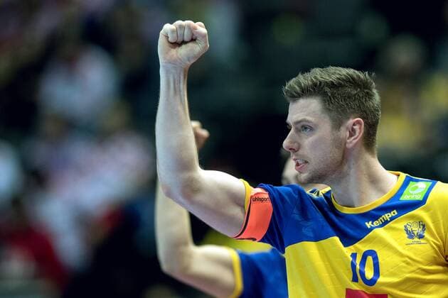 180114 Sweden s Niclas Ekberg exults in handball game between Serbia and Sweden during Handball CHAMPIONSHIPS January 14, 2018 2018 in Split  Copyright: LUDVIGxTHUNMAN BB180114LT063