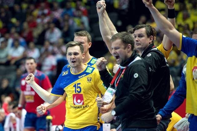 180114 Sweden s Hampus Wanne exults in the handball match between Serbia and Sweden during Handball CHAMPIONSHIPS January 14, 2018 2018 in Split  Copyright: LUDVIGxTHUNMAN BB180114LT065