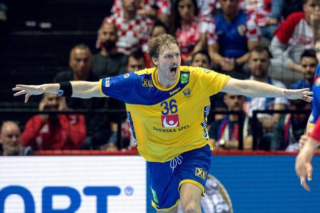180114 Sweden s Jesper Nielsen exults in the handball match between Serbia and Sweden during Handball CHAMPIONSHIPS January 14, 2018 2018 in Split  Copyright: LUDVIGxTHUNMAN BB180114LT067
