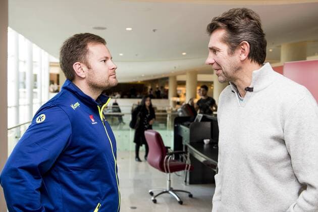 180115 coach Kristj ? n Andresson in conversation with Magnus Wislander during a press conference with the Swedish national team handball Handball CHAMPIONSHIP on 15 January 2018 2018 in Split  Copyright: LUDVIGxTHUNMAN BB180115LT004