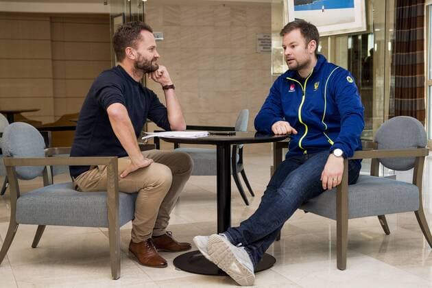 180115 Sweden s head coach Kristj ? n Andresson is interviewed during a press conference with the Swedish national team handball Handball CHAMPIONSHIP on 15 January 2018 2018 in Split  Copyright: LUDVIGxTHUNMAN BB180115LT007