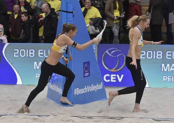 Czech Kristyna Kolocova (left) and Michala Kvapilova celebrate after winning the women Beach volleyball Beachvolleyball CEV European Championship EM Europameisterschaft Tour Masters final match Kolocova and Kvapilova vs Tina Graudina and Anastasia Kravchenko of Latvia in Pelhrimov, Czech Republic, Sunday, January 14, 2018. (CTKxPhoto LubosxPavlicek) CTKPhotoP201801140618901  PAV 4