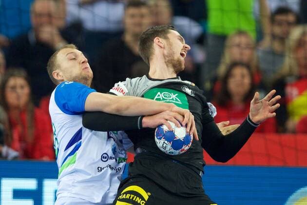 Handball Zagreb 15 01 2018 Championship men s men euro Championships preliminary round Slovenia SLO Germany GER Hendrik Padmore Germany no. 13 Ziga Mlakar Slovenia no. 55