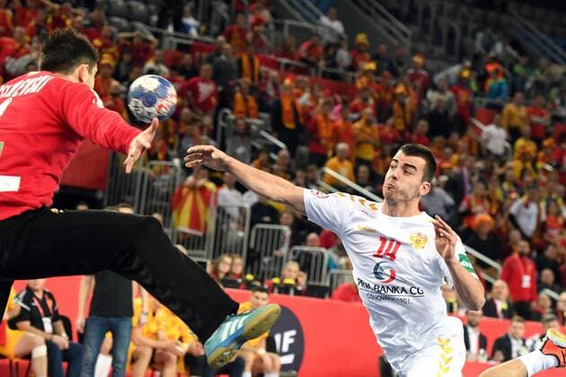 Zagreb Croatia Zagreb arena 15 1 2018 men handball European Championship 2018 Montenegro vs Macedonia Milos VUJOVIC Montenegro against TW Nikola MITREVSKI Macedonia