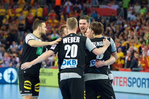 Handball Zagreb 15 01 2018 Championship men s men euro Championships preliminary round Slovenia SLO Germany GER cheers over the seven-meter to 25 turned 25 full time through Tobias Reichmann Germany no. 09 Hendrik Padmore Germany no. 13 Philipp Weber Germany no. 20 Uwe Galbraith Germany no. 03 Bastian Roscheck Germany no. 19