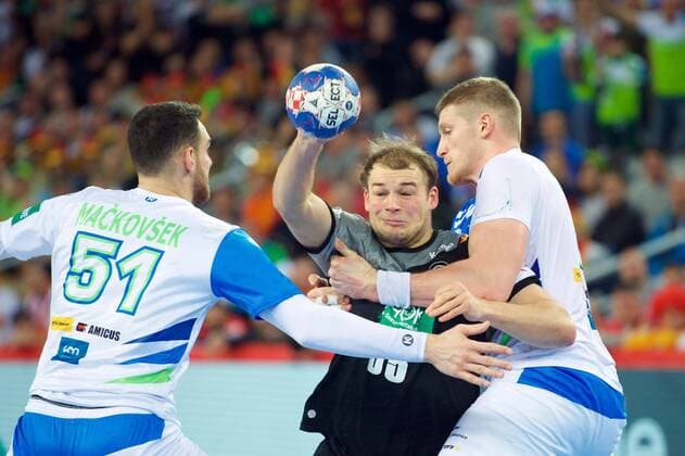 Handball Zagreb 15 01 2018 Championship men s men euro Championships preliminary round Slovenia SLO Germany GER Paul Drux Germany no. 95 Borut Mackovsek Slovenia no. 51 Blaz Blagotinsek Slovenia no. 03 re