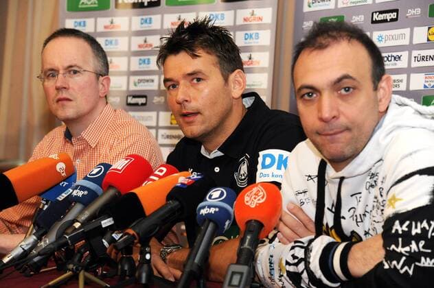 Zagreb Croatia Hotel Panorama 16 1 2018 men handball European Championship 2018 Press Conference of the DHB-German Handball Federation v li DHB spokesman Tim Oliver Kalle coach Germany Christian Prokop and DHB Vice President Bob Hanning, head of the delegation