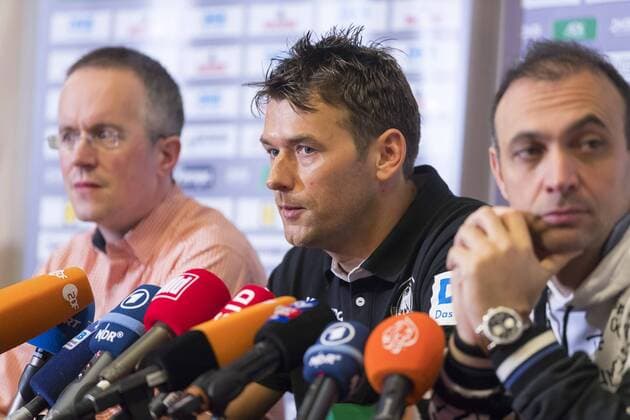 Spokesman Tim Oliver Kalle national coach Christian Prokop and Bob Hanning media date of the German national team preliminary round handball EHF euro 2018 16 01 18 Zagreb Zagreb Croatia Hotel Panorama Copyright: xAgentur54Gradx xFelixxKoenigx