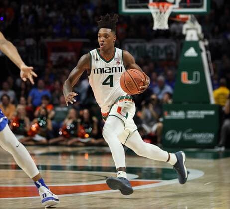 January 15, 2018: Miami Hurricanes guard Lonnie Walker IV (4) drives the ball during the first half of the NCAA College League USA men s basketball game between the Duke Blue Devils and the University of Miami Hurricanes at the Watsco Center in Coral Gables, Florida. CSM NCAA Basketball 2018: Duke vs Miami JAN 15 - ZUMAc04_ 20180115_zaf_c04_328 Copyright: xMarioxHoubenx