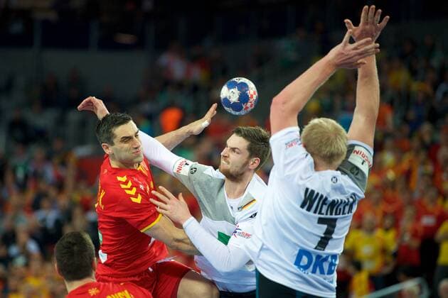 Handball Zagreb 17 01 2018 Championship men s men euro Championships preliminary round Germany GER Macedonia MKD LAZAROV Kiril Macedonia No. 07 Hendrik Padmore Germany no. 13 Patrick Wiencek Germany no. 07