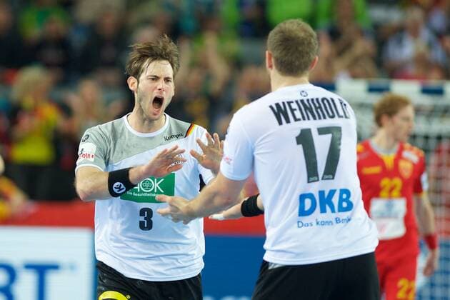 Handball Zagreb 17 01 2018 Championship men s men euro Championships preliminary round Germany GER Macedonia MKD Uwe Galbraith Germany no. 03 Steffen Weinhold Germany No 17 Jubilee