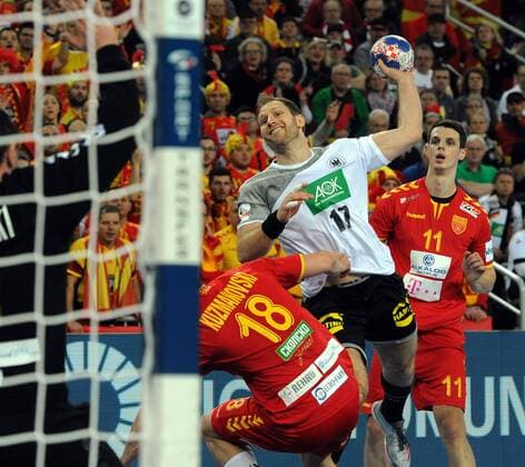 Zagreb Croatia Zagreb arena 17 1 2018 men handball European Championship 2018 Germany vs Macedonia Patrick Wiencek THW Kiel Germany 18 Filip KUZMANOVSKI Macedonia 11 Filip Valley SKI Macedonia