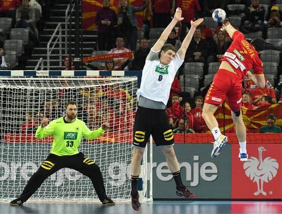 Zagreb Croatia Zagreb arena 17 1 2018 men handball European Championship 2018 Germany vs Macedonia v li ANDREAS WOLFF THW KIEL Germany Finn Lemke MT Melsungen Germany Kiril LAZAROV Macedonia