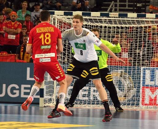 Zagreb Croatia Zagreb arena 17 1 2018 men handball European Championship 2018 Germany vs Filip KUZMANOVSKI of Macedonia Macedonia against Finn Lemke MT Melsungen, Germany