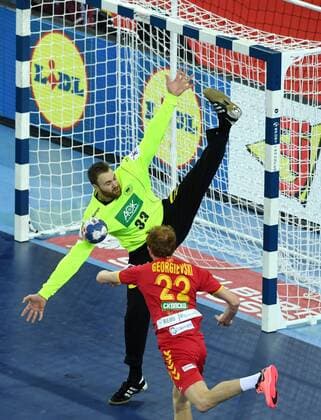 European Handball Championship, Group C, 3rd round, Germany - FYR Macedonia 17.01.2018., Arena Zagreb, Zagreb, Croatia - 2018 European Men s Handball Championship, Group C, 3rd round, Germany - FYR Macedonia. Andreas Wolff, Goce Georgievski . MarkoxLukunic PIXSELL
