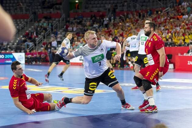 Patrick Wiencek Nr 7 Germany against Filip Valley ski Nr 11 Macedonia and Stojanche Stoilov Nr 5 Macedonia Macedonia Germany preliminary handball EHF euro 2018 17 01 18 Zagreb Croatia Zagreb arena Copyright: xAgentur54Gradx xFelixxKoenigx