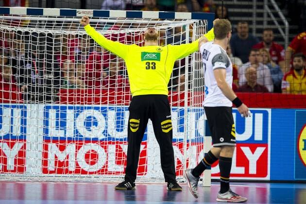 Goalkeeper of Andreas Wolff Nr 33 Germany and Steffen Weinhold Nr 17 Germany enjoy a parade of a seven-meter attempt Macedonia Germany preliminary handball EHF euro 2018 17 01 18 Zagreb Croatia Zagreb arena Copyright: xAgentur54Gradx xFelixxKoenigx
