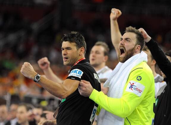 Zagreb Croatia Zagreb arena 17 1 2018 men handball European Championship 2018 Germany vs Macedonia cheering coach Germany Christian Prokop and ANDREAS WOLFF THW KIEL Germany