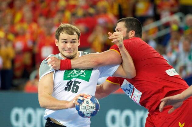 Handball Zagreb 17 01 2018 Championship men s men euro Championships preliminary round Germany GER Macedonia MKD Paul Daranda Germany no. 95 STOILOV Stojanche Macedonia No. 05
