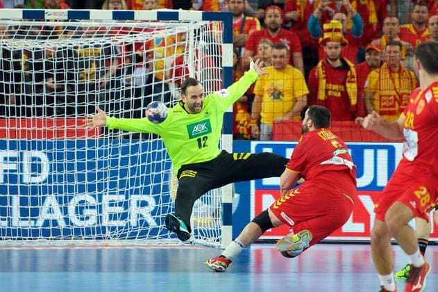 Handball Zagreb 17 01 2018 Championship men s men euro Championships preliminary round Germany GER Macedonia MKD Silvio Hamad Germany TW No. 12 STOILOV Stojanche Macedonia No. 05 last parade before the end