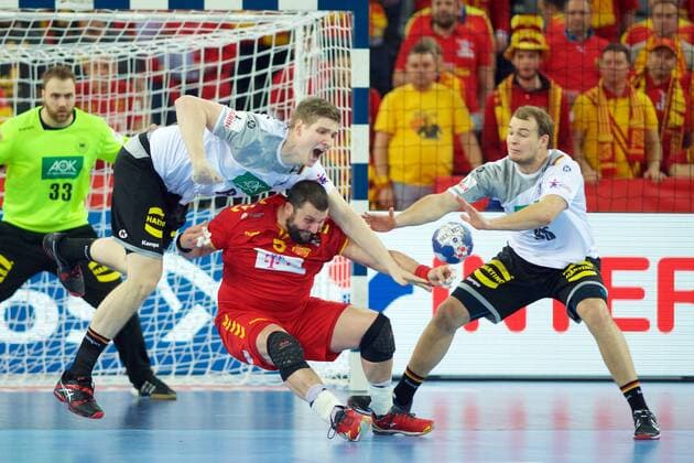 Handball Zagreb 17 01 2018 Championship men s men euro Championships preliminary round Germany GER Macedonia MKD STOILOV Stojanche Macedonia No. 05 Finn Lemke Germany no. 06 Paul Daranda Germany no. 95