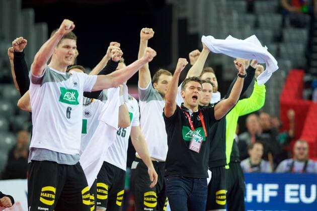 Handball Zagreb 17 01 2018 Championship men s men euro Championships preliminary round Germany GER Macedonia MKD cheering Finn Lemke Germany no. 06 Paul Daranda Germany no. 95 Christian Prokop Germany coach