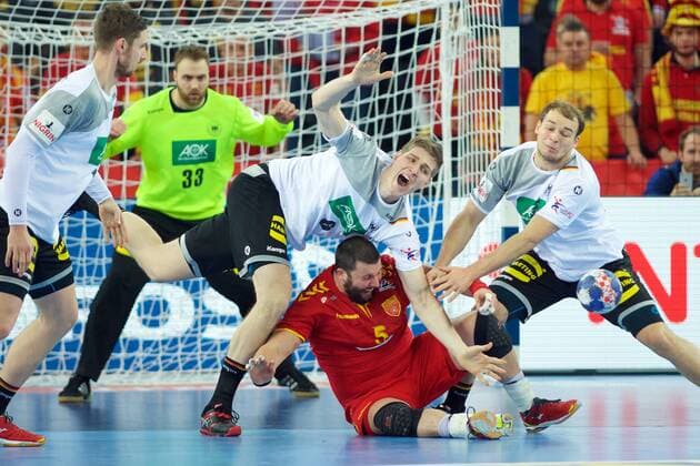 Handball Zagreb 17 01 2018 Championship men s men euro Championships preliminary round Germany GER Macedonia MKD STOILOV Stojanche Macedonia No. 05 Finn Lemke Germany no. 06 Paul Daranda Germany no. 95
