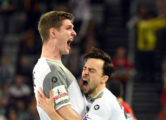 Zagreb Croatia Zagreb arena 17 1 2018 men handball European Championship 2018 Germany vs Macedonia jubilation v li Finn Lemke MT Melsungen Germany PATRICK GROETZKI RHEIN NECKAR LÖWEN in Germany