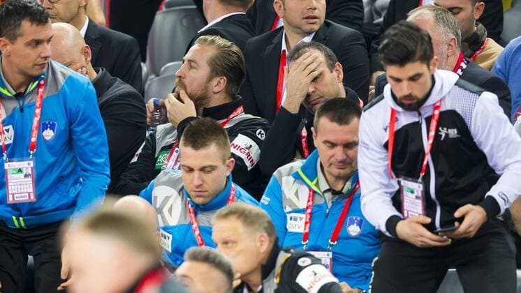 Sporting Director Axel Kromer team manager Oliver Roggisch DHB Vice President Bob Hanning and DHB President Andreas Michel man sit disappointed preliminary shocked on the grandstand Macedonia Germany handball EHF euro 2018 17 01 18 Zagreb Croatia Zagreb arena Copyright: xAgentur54Gradx xFelixxKoenigx