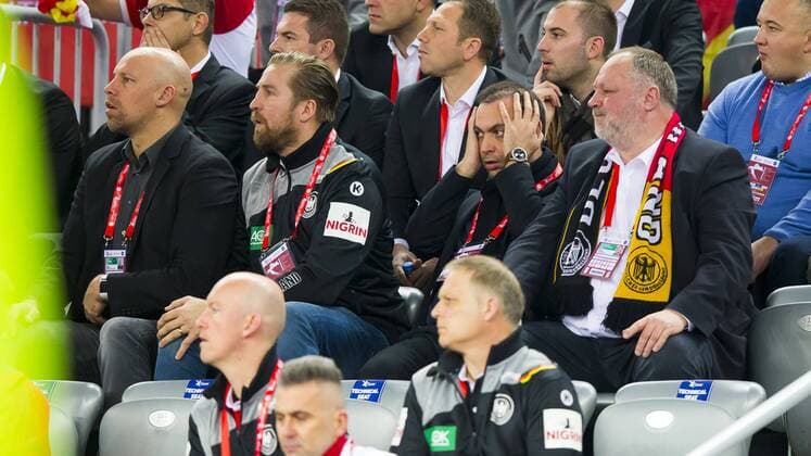 Sporting Director Axel Kromer team manager Oliver Roggisch DHB Vice President Bob Hanning and DHB President Andreas Michel man sit disappointed preliminary shocked on the grandstand Macedonia Germany handball EHF euro 2018 17 01 18 Zagreb Croatia Zagreb arena Copyright: xAgentur54Gradx xFelixxKoenigx