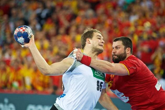 Handball Zagreb 17 01 2018 Championship men s men euro Championships preliminary round Germany GER Macedonia MKD Paul Daranda Germany no. 95 STOILOV Stojanche Macedonia No. 05