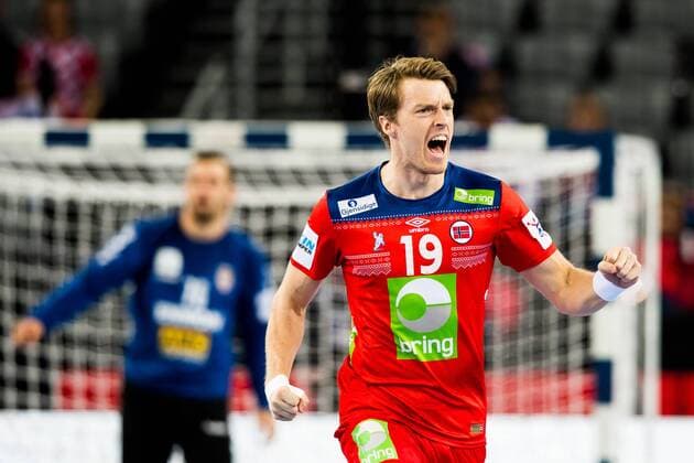 180118 Norway s Kristian Bjornsen exults in the handball match between Serbia and Norway during Handball CHAMPIONSHIPS on 18 January 2018 2018 in Zagreb  Copyright: LUDVIGxTHUNMAN BB180118LT065