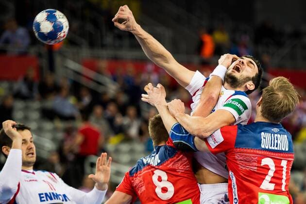180118 Norway s Bjarte Myrhol Serbia Petar Nenadic and Norway s Magnus Gullerud during handball match between Serbia and Norway during Handball CHAMPIONSHIPS on 18 January 2018 2018 in Zagreb  Copyright: LUDVIGxTHUNMAN BB180118LT067