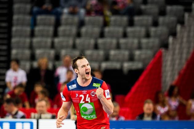 180118 Norway s Christian O Sullivan exults in the handball match between Serbia and Norway during Handball CHAMPIONSHIPS on 18 January 2018 2018 in Zagreb  Copyright: LUDVIGxTHUNMAN BB180118LT076
