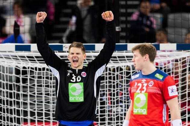 180118 Norway s malvakt Gal Bergerud exults in the handball match between Serbia and Norway during Handball CHAMPIONSHIPS on 18 January 2018 2018 in Zagreb  Copyright: LUDVIGxTHUNMAN BB180118LT098