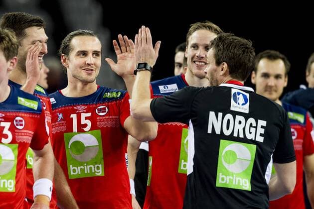 180118 Norway s Kent Robin T ¿nnesen celebrates victory with coach Christian Berge in the handball match between Serbia and Norway during Handball CHAMPIONSHIPS on 18 January 2018 2018 in Zagreb  Copyright: LUDVIGxTHUNMAN BB180118LT103