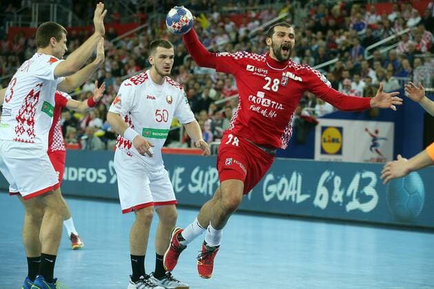 European Handball Championship, Group I, 1th round Croatia vs. Belarus 18.01.2018., Arena Zagreb, Zagreb, Croatia - 2018 European Men s Handball Championship, Group I, 1th round Croatia vs. Belarus. Zeljko Musa, Artsem Karalek.  GoranxStanzl PIXSELL