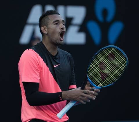 (180119) -- MELBOURNE, Jan. 19, 2018 -- Nick Kyrgios of Australia reacts during the men s singles third round match against Jo-Wilfried Tsonga of France at Australian Open 2018 in Melbourne, Australia, Jan. 19, 2018. Nick Kyrgios won 3-1. ) (SP)AUSTRALIA-MELBOURNE-TENNIS-AUSTRALIAN OPEN-DAY 5 ZhuxHongye 