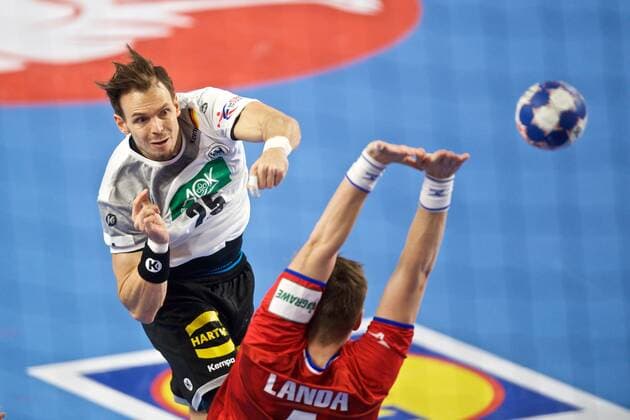 Handball Varazdin 19 01 2018 Championship men s men euro Championships second round Germany Czech Republic CZE Kai Häfner GER Germany no. 25 Häfner Hafner LANDA Jan Czech Republic No. 04
