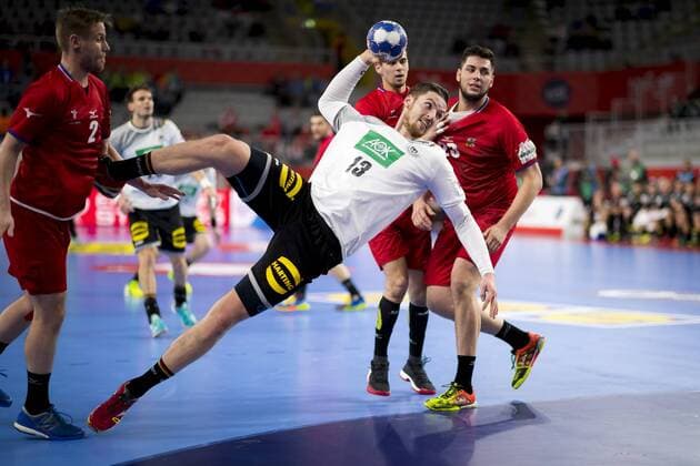 Hendrik Pekeler Nr 13 Germany against Jakub Hrstka Nr 2 Czech of Leos Strovsky Nr 23 Czech Republic Germany Czech Republic round handball EHF euro 2018 19 01 18 Varazdin-Varazdin Croatia Varazdin arena Copyright: xAgentur54Gradx xFelixxKoenigx
