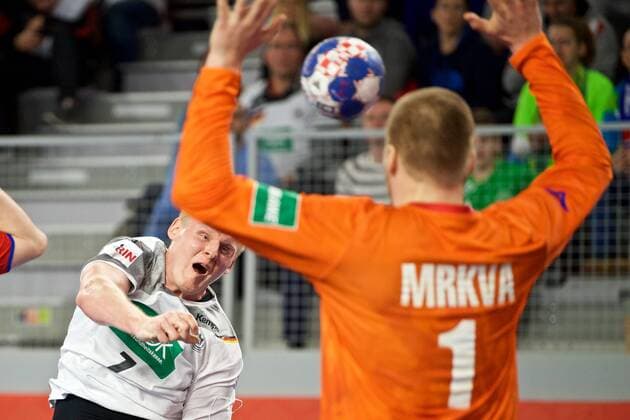 Handball Varazdin 19 01 2018 Championship men s men euro Championships second round Germany GER Czech Republic CZE Patrick Wiencek Germany no. 07 MAKHETHISA Tomas Czech Republic TW no 01
