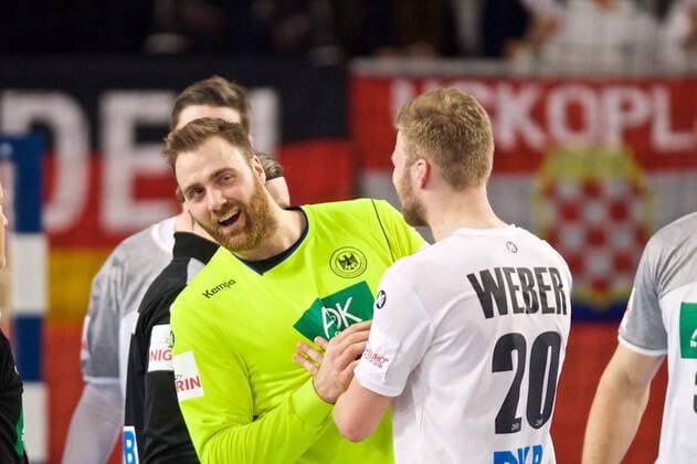 Handball Varazdin 19 01 2018 Championship men s men euro Championships second round Germany GER Czech Republic CZE Andreas Wolff Germany TW No. 33 cheers Philipp Weber Germany no. 20