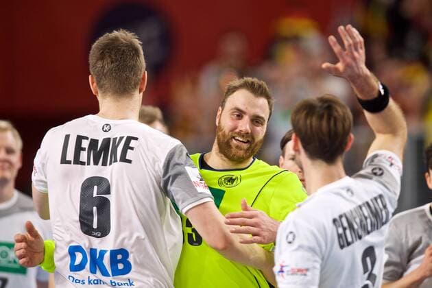 Handball Varazdin 19 01 2018 Championship men s men euro Championships second round Germany GER Czech Republic CZE Andreas Wolff Germany TW No. 33 cheers Uwe Galbraith Germany no. 03 Finn Lemke Germany no. 06