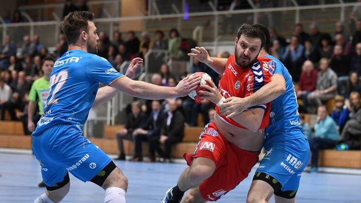 19 01 2018 handball season 2017 2018 test game friendly match HC Erlangen HCE talent Pilsen Plzen Michal Tonar 22 talent MAT Plzen Pilsen Milan Ivancev 15 talent MAT Plzen Pilsen against Jonas of Taheri Taheri 46 HC Erlangen HCE
