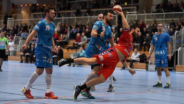 19 01 2018 handball season 2017 2018 test game friendly match HC Erlangen HCE talent Pilsen Plzen Michal Tonar 22 talent MAT Plzen Pilsen Milan Ivancev 15 talent MAT Plzen Pilsen against Jonas of Taheri Taheri 46 HC Erlangen HCE