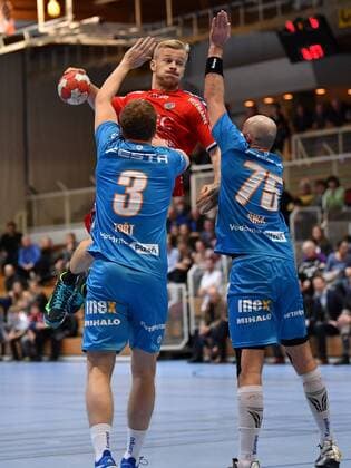 19 01 2018 handball season 2017 2018 test game friendly match HC Erlangen HCE talent Plzen Pilsen of Andreas Schröder 71 HC Erlangen against Jiri Fort 3 talent MAT Plzen Pilsen Jakub Sira 75 talent MAT Plzen Pilsen