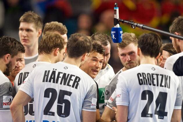Handball Varazdin 19 01 2018 Championship men s men euro Championships second round Germany GER Czech Republic CZE Christian Prokop Germany coach break Philipp Weber Germany no. 20 Patrick Groetzki Germany no. 24 Kai Häfner Germany no. 25 Hale Hafner