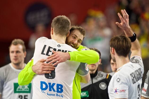 Handball Varazdin 19 01 2018 Championship men s men euro Championships second round Germany GER Czech Republic CZE Andreas Wolff Germany TW No. 33 Finn Lemke Germany no. 06 cheers