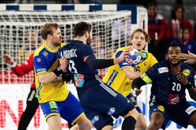 180120 Sweden s Max Darj and Jesper Nielsen defends against France s Nikola Karabatic and Cedric Sorhaindo during handball match between Sweden and France in Handball CHAMPIONSHIP January 20, 2018 2018 in Zagreb  Copyright: LUDVIGxTHUNMAN BB180120LT016